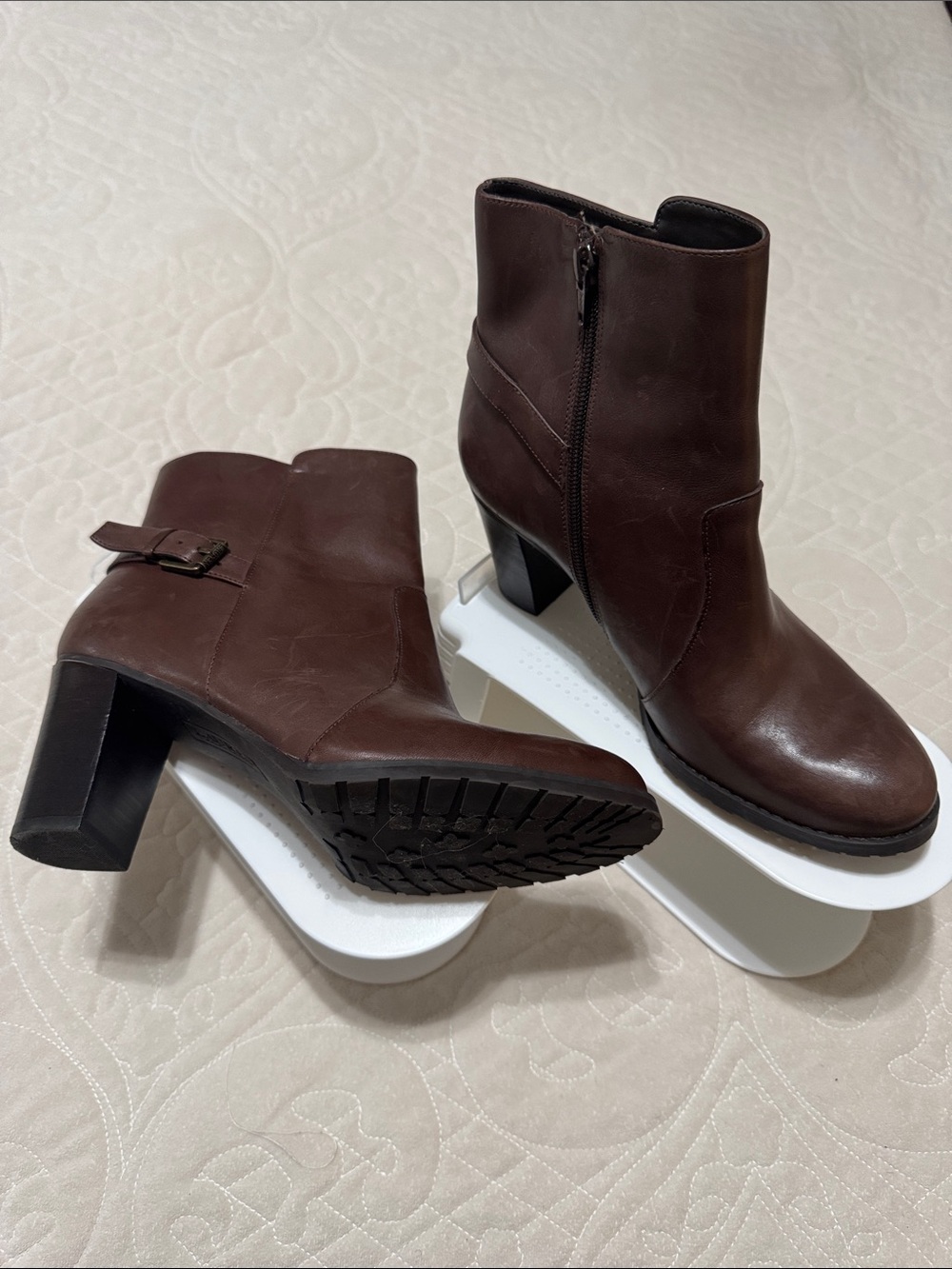 Lauren Ralph Lauren Dark Brown Leather Ankle Booties with Block Heel